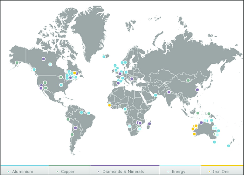 This image is a world map displaying the global operations of Rio Tinto across six continents as of 2012. The map is color-coded to show different types of mining and resource extraction projects, including:

Aluminium operations (light blue circles)
Copper operations (green circles)
Diamonds & Minerals (purple circles)
Energy (light green circles)
Iron Ore (yellow circles)
Each dot represents a project or operation site in various countries, with a significant number of operations located in North America, Europe, Africa, Australia, and parts of South America and Asia. Australia shows a notable concentration of iron ore and energy operations, while North America and Europe have a mix of resource extractions.