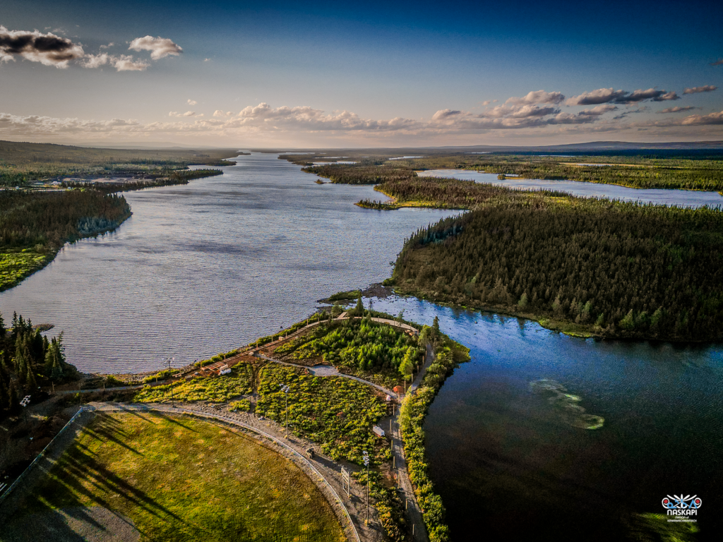 An aerial view of the river and surrounding landscape, with a boardwalk path winding through the green forest. The river stretches out toward the horizon, flanked by trees, as the late afternoon sun casts long shadows over the scenery.