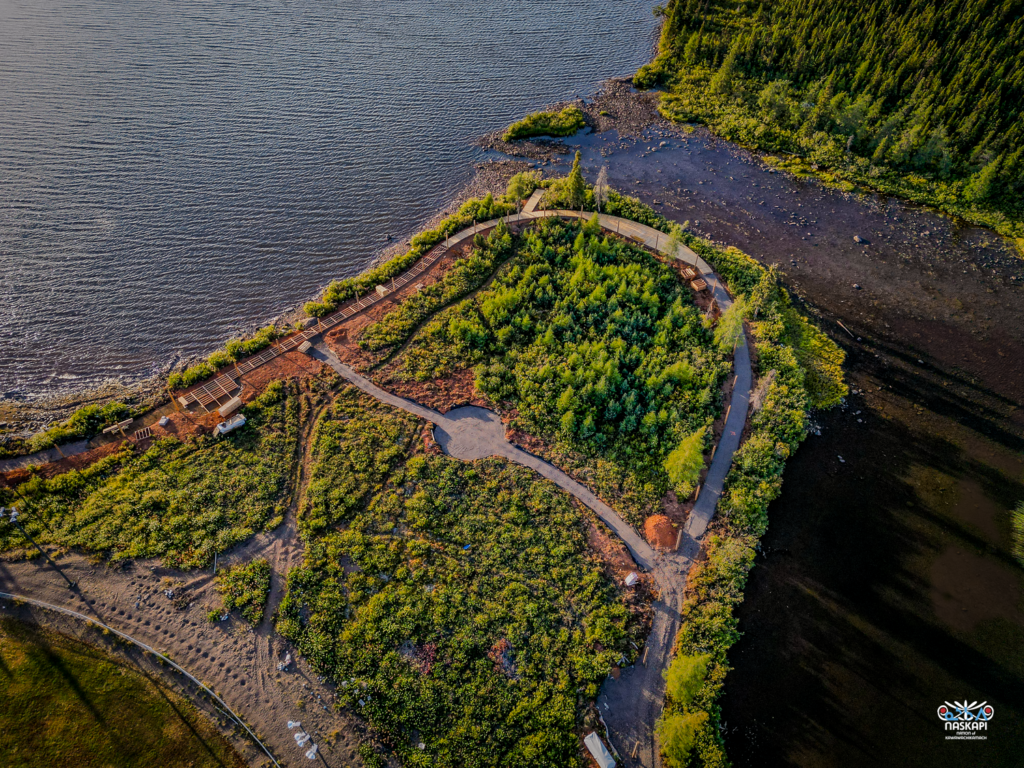 A top-down aerial shot of a circular area within the forest, where a boardwalk is being constructed along the edge of the river. The round path is visible through dense vegetation, with the river flowing nearby, glistening in the sunlight.