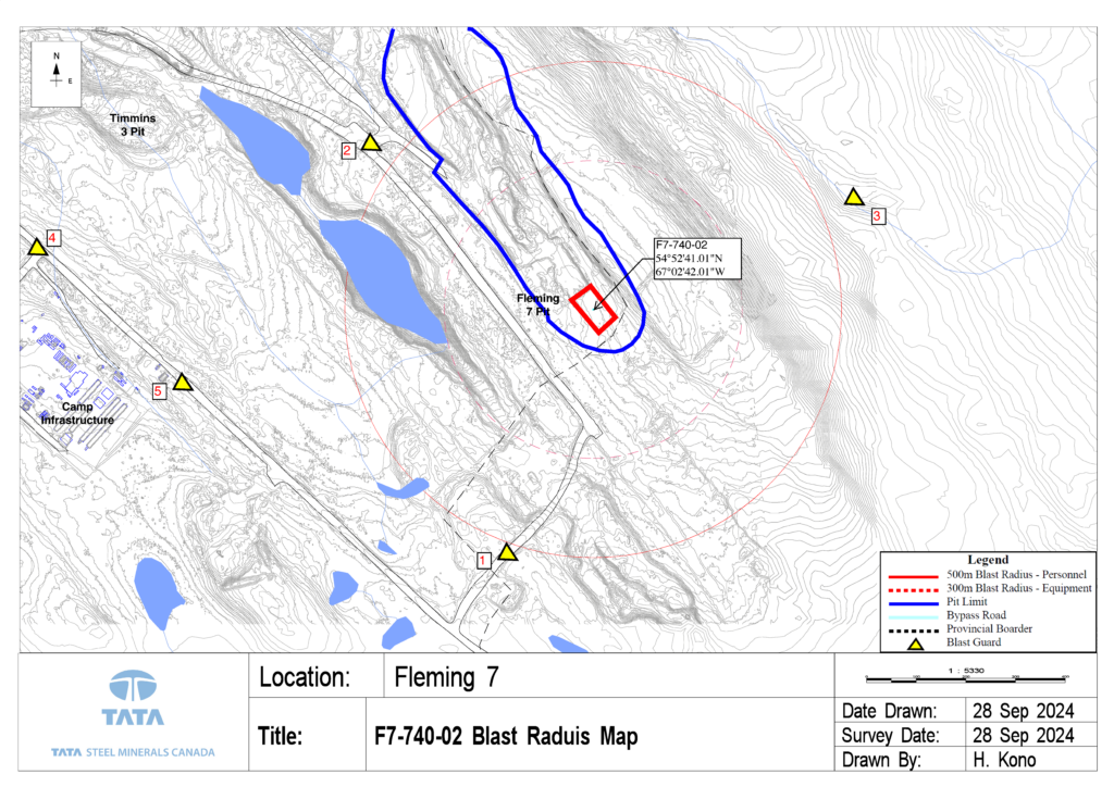 This image is a blast radius map titled "F7-740-02 Blast Radius Map" for a location called Fleming 7, produced by Tata Steel Minerals Canada. The map shows the pit area, labeled roads, and various boundaries related to the blast. Key details include:

500m Blast Radius - Personnel indicated by a red dashed line.
300m Blast Radius - Equipment shown with a red solid line.
Pit Limit outlined in blue.
Additional map features include bypass roads, provincial borders, and blast guard locations marked with triangular warning signs.
Coordinates for the blast are specified as 54°52'41.01"N, 67°02'42.01"W, with the map drawn by H. Kono on 28 Sep 2024. The map also highlights nearby camp infrastructure and surrounding water bodies.