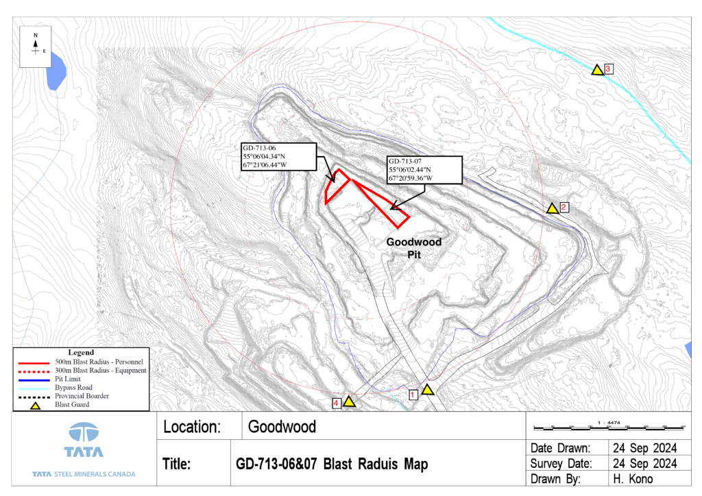 The map shows the blast radius for areas labeled GD-713-06 and GD-713-07 within Goodwood Pit, part of a Tata Steel Minerals Canada project. Here's a brief breakdown of the key elements from the map:

Blast Radius:
The 500m radius for personnel is marked with a red dashed circle.
The 300m radius for equipment is marked with a blue dashed circle.
Site Locations:
GD-713-06: Coordinates 55°06'03.34"N, 67°21'06.44"W.
GD-713-07: Coordinates 55°06'02.44"N, 67°20'59.36"W.
Additional Information:
The map shows a pit limit marked by blue solid lines.
Bypass roads and blast guards are indicated using dashed and triangular symbols.
A provincial border is represented by black lines.
The map was drawn on 24 September 2024 by H. Kono, based on a survey from the same date.