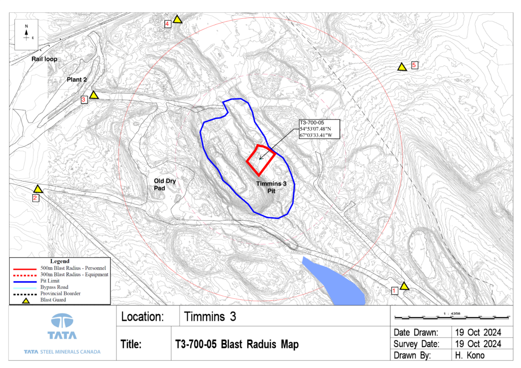 This is the T3-700-05 Blast Radius Map for Timmins 3 Pit, dated October 19, 2024, and created by H. Kono for Tata Steel Minerals Canada. The map outlines:

Blast radius limits:
500m (personnel) marked with a red dashed circle.
300m (equipment) marked with a red solid line.
Pit boundary in blue, with bypass roads also shown.
Identified landmarks like Plant 2, Rail Loop, and Old Dry Pad.
Provincial border is indicated with a black dashed line.
Coordinates of the blast location: 54°53'07.48"N, 67°03'33.41"W.
This map is intended for safety management, ensuring personnel and equipment are outside the designated blast zones during operations.