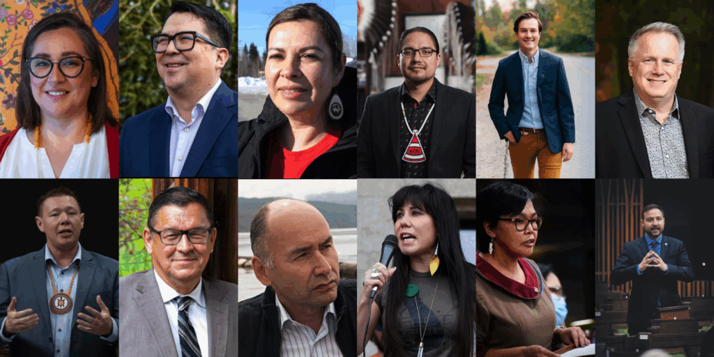 A collage featuring twelve Indigenous Members of Parliament elected in 2025. Shown are: Mandy Gull-Masty, Wade Grant, Rebecca Chartrand, Jaime Battiste, Buckley Belanger, Leah Gazan, Lori Idlout, Ellis Ross, Billy Morin, Marc Dalton, Adam Chambers, and Simon-Pierre Savard-Tremblay. The portraits highlight a diverse group of First Nations, Inuit, and Métis leaders from across Canada and from all four major political parties.